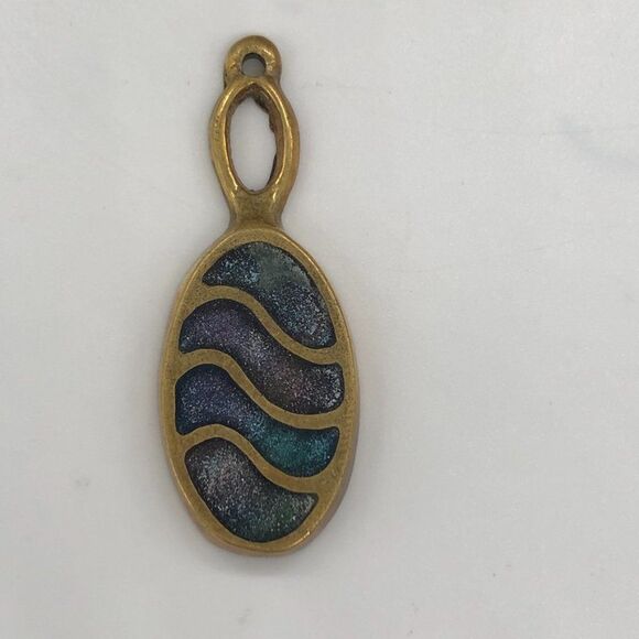 Vintage Handcrafted Bronze Pendant Painted Unique Heavy Blue Waves - Picture 4 of 9